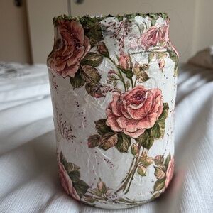 Floral Victorian Style Decoupage vase Pink Roses green leaf and sparkle accents